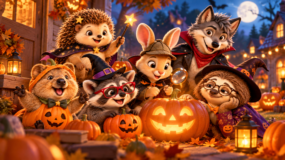 Gravitaly characters celebrating Halloween together, dressed in playful costumes and gathered around glowing pumpkins in a magical autumn setting.
