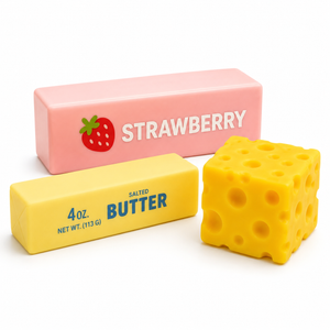 Three novelty squishy bars shaped like food items: a pink strawberry butter bar, a yellow salted butter bar, and a yellow Swiss cheese bar, displayed on a clean white background.