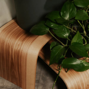 Supporto curvo in legno per piante con finitura naturale venata e pianta verde in vaso