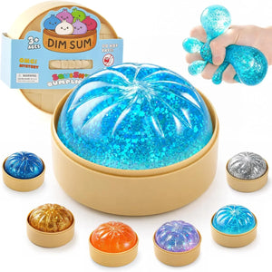 Комплект от блестящи антистрес играчки Squishy Dumplings в бамбукова кошничка за пара