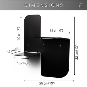 Mensola da parete in metallo nero con design geometrico moderno, mostrata con misure in centimetri e pollici.