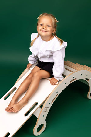 Bascule en bois blanc avec coussin, toboggan et échelle - Taille moyenne