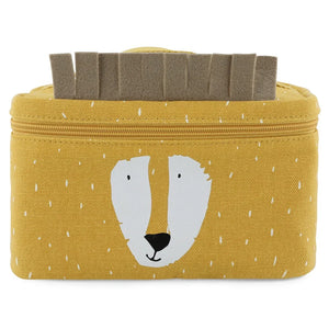 Panier de rangement chambre bébé en toile jaune avec imprimé tête de lion et crinière en feutre