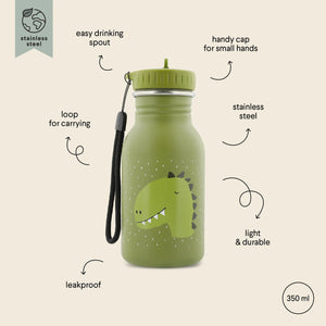 Gourde enfant en inox vert avec imprimé dinosaure, anti-fuite, 350 ml, anse de transport