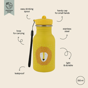 Gourde enfant en inox jaune avec illustration lion, anti-fuite, 350 ml, anse de transport