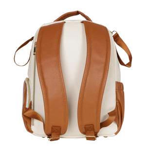 Vista posteriore dello zaino fasciatoio Ally Scandic (bianco e cappuccino) con spallacci ergonomici imbottiti e tasca verticale con zip sul retro.