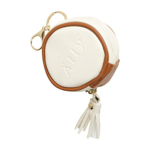 Étui à tétine en cuir blanc avec bordure marron, clip doré et pompon