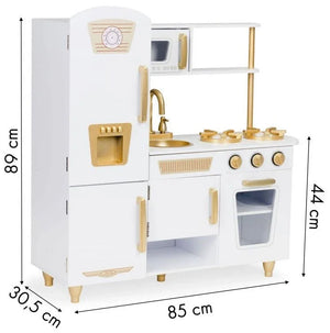 Guide des dimensions pour la grande cuisine jouet en bois Angelove blanche et dorée : hauteur totale 89 cm, largeur 85 cm, profondeur 30,5 cm, hauteur du plan de travail 44 cm.