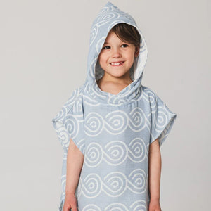 Blue bamboo kids bath poncho with white swirl pattern and hood