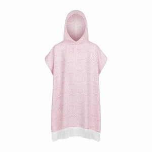 Poncho de bain enfant en bambou rose avec capuche, motif tourbillon blanc et ourlet à franges