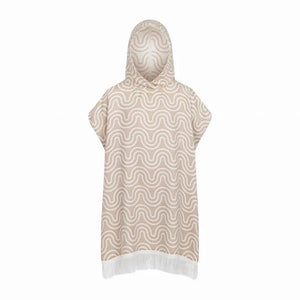 Kids bamboo bath poncho in sand color with wavy pattern and fringe hem