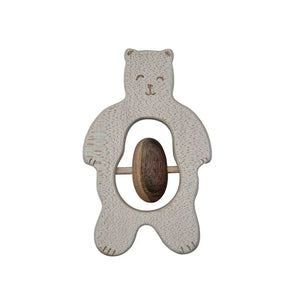 Wooden bear-shaped baby teether with natural grain texture and rotating oval element