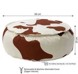 Guide des dimensions du pouf rond imprimé vache bees&blooms, hauteur 25 cm et diamètre 65 cm sur fond blanc. Inclut icônes "Normes de sécurité EU / Certifié CE" et "Housse amovible et lavable en machine (fermeture éclair)".