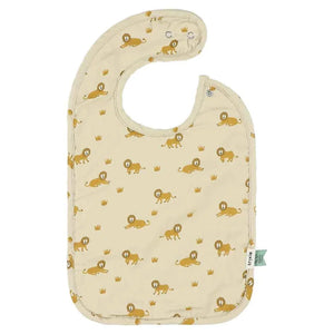 Bavoir bébé beige avec motif lion et couronne, fermeture à pression, coton doux.
