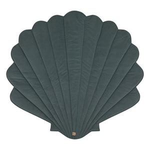 Front product view of the muted blue-grey Moi Mili shell-shaped playmat on a white background