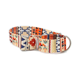 Adjustable dog collar with colorful geometric pattern, silver hardware, beige base, artisan pet accessory