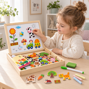 Child arranging cow magnet on wooden farm magnetic whiteboard with animals, vehicles and drawing accessories
