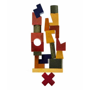 Colorful wooden stacking blocks with geometric shapes and natural grain, ideal for nursery decor and creative play.