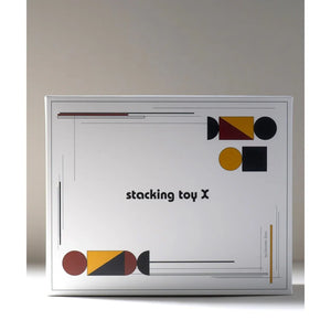 Gift box packaging for a colorful wooden stacking toy X, designed for Montessori-inspired learning, coordination and screen-free creative play.