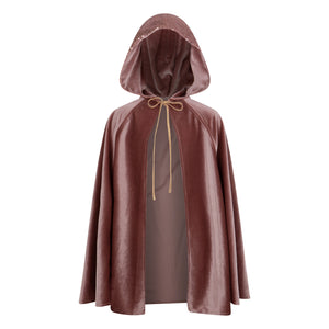 Moi Mili Cosmic Pearl rose-pink velour magic cape with a deep hood and gold ties on a white background