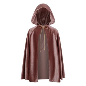 Moi Mili Cosmic Pearl rose-pink velour magic cape with a deep hood and gold ties on a white background
