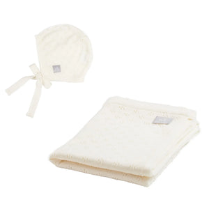 cream knitted baby bonnet and blanket set, soft cotton, delicate pattern, nursery essentials