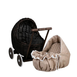 Carrozzina per bambole in vimini scuro Lili – Biancheria beige
