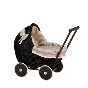 Carrozzina per bambole in vimini scuro Lili – Biancheria beige