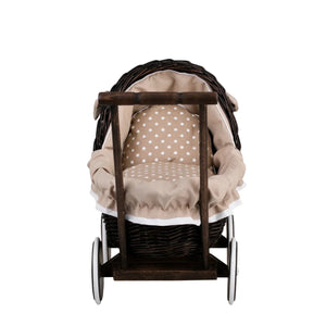 Carrozzina per bambole in vimini scuro Lili – Biancheria beige