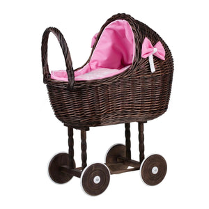 Passeggino in vimini scuro per bambole Lena – Biancheria rosa