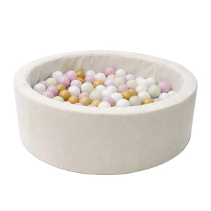 Piscine à balles ronde en mousse beige avec balles pastel pour les jeux d'intérieur des tout-petits