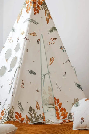 Forest Friends teepee entrance with soft ties, autumn leaf print and matching woodland cushion