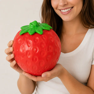 Woman holding a red strawberry-shaped textured toy with a green leaf top.