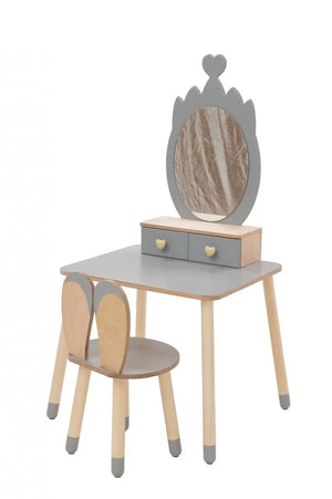 Gray FAMILY Crown Beauty Table with matching chair and heart-shaped drawer handles