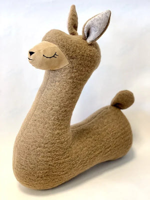 Handcrafted felt alpaca plush toy, natural brown with gray inner ears, artisan nursery decor