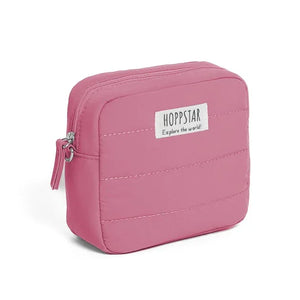 Borsa fotografica Hoppstar rosa con zip, forma rettangolare e patch logo frontale