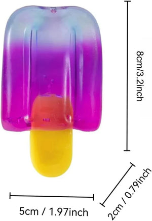 Multi-colored squishy stress toy with purple, orange, and yellow sections and dimension markers.