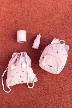 Lot pot isotherme rose, gourde, sac à dos et sac à cordon avec motif tête de chat