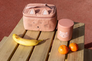Pot isotherme 500 ml rose avec mignon visage de chat et oreilles, sac à déjeuner assorti, en extérieur