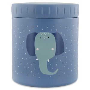 Pot isotherme bleu avec illustration éléphant et motif à pois blancs