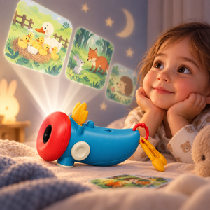 Child watching animal story scenes projected onto bedroom wall with Lulu kids projector