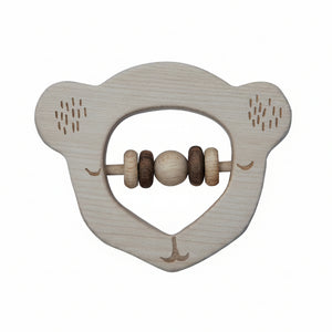 Sonaglio per neonati in legno a forma di koala con perline scorrevoli naturali, progettato per il gioco sensoriale, l'esercizio della presa e lo sviluppo Montessori.
