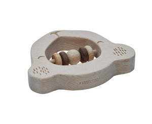 Sonaglio per neonati in legno a forma di koala con perline scorrevoli naturali e finitura liscia, progettato per il gioco sensoriale e lo sviluppo Montessori.