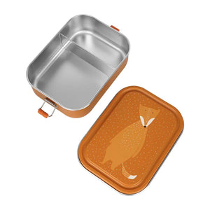 Lunchbox en métal orange avec illustration de renard et séparateur amovible, couvercle ouvert.
