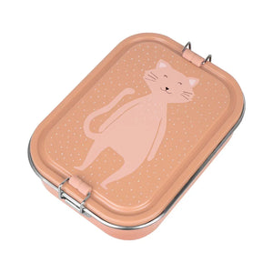 Lunchbox couleur pêche avec illustration de chat souriant et attaches métalliques.