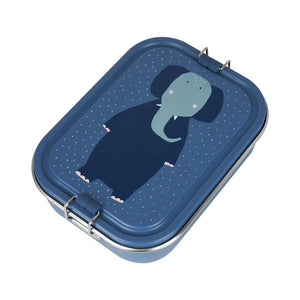 Lunchbox en métal bleu avec illustration d'éléphant et fermeture sécurisée.
