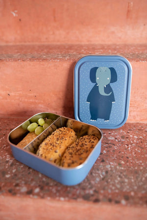 Lunchbox en métal bleu avec design éléphant mignon et intérieur compartimenté pour les en-cas.