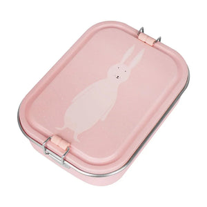 Lunchbox rectangulaire rose avec illustration de lapin blanc et fermeture à cliquet en métal.