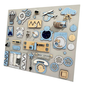 Blue and natural wood Montessori busy board with gears, clock, phone, latches, and sensory activities for toddlers