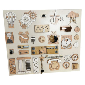 Wooden Montessori activity board with gears, zippers, latches, clock, and sensory toys for toddler development